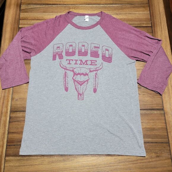 Bella Canvas LS Grey & Burgundy Unisex Baseball Tee "Rodeo Time" - Size Large - Picture 2 of 6